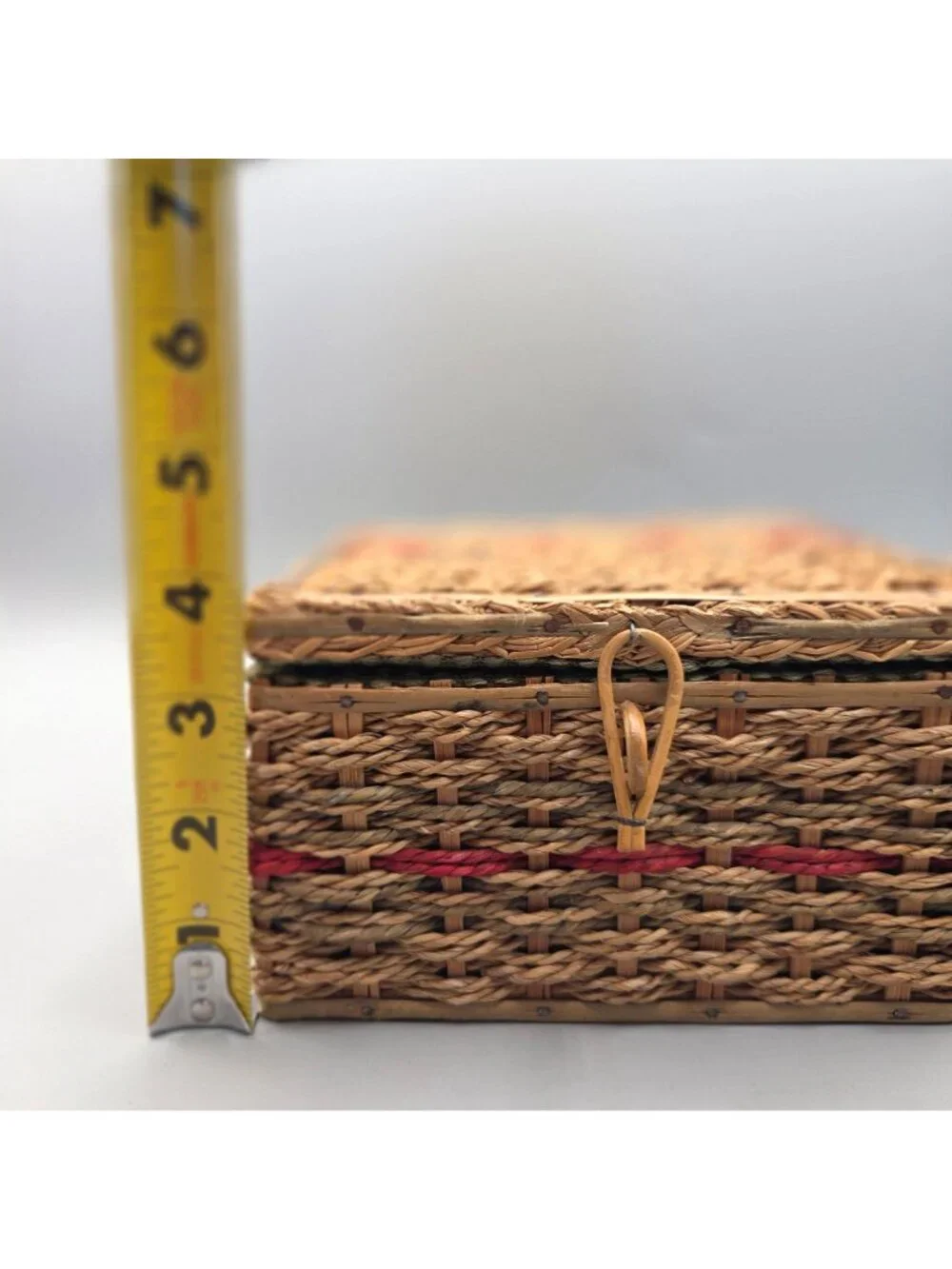 Vintage Woven Sewing Basket Hinged Lid Mid Century Green Satin Lining Cottage